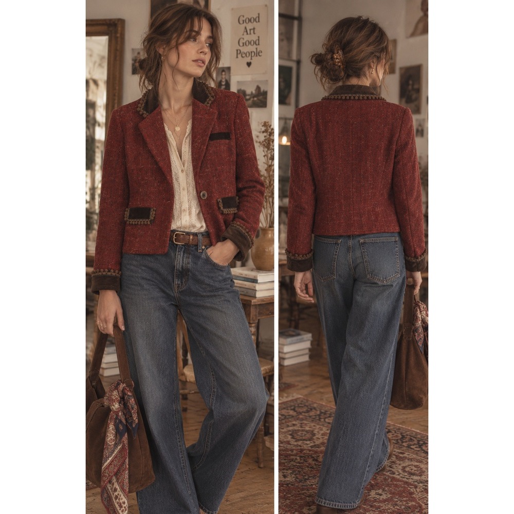 VTG Tasha Polizzi Jacket Women M Red Tweed Velvet Trim Blazer Boho Southwestern